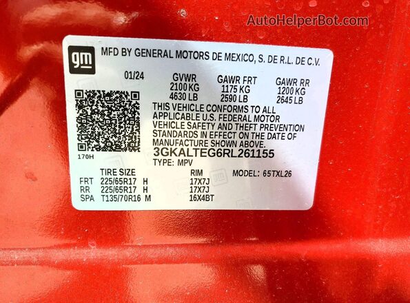 3GKALTEG6RL261155 2024 GMC TERRAIN Red Вид наклейки з VIN-кодом