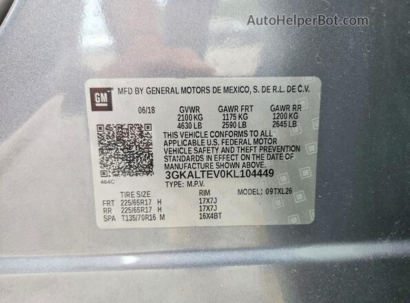 3GKALTEV0KL104449 2019 GMC TERRAIN Gray VIN sticker view