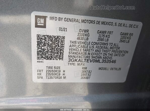 3GKALTEV0ML353546 2021 GMC TERRAIN Gray Vista del compartimento del motor