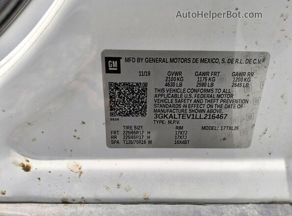 3GKALTEV1LL216467 2020 GMC TERRAIN White VIN կոդի պիտակի տեսք