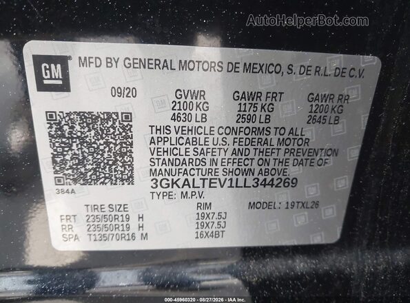 3GKALTEV1LL344269 2020 GMC TERRAIN Black ძრავის განყოფილების ხედი