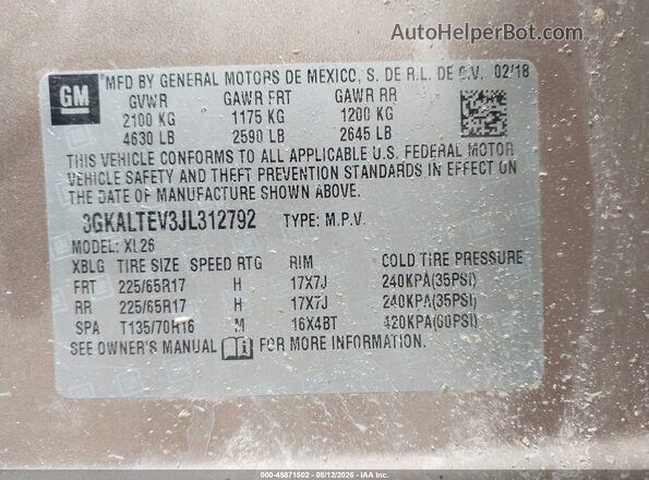3GKALTEV3JL312792 2018 GMC TERRAIN Brown Vista del compartimento del motor