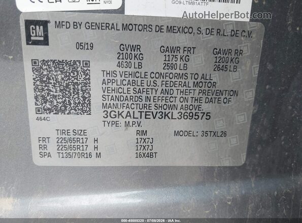 3GKALTEV3KL369575 2019 GMC TERRAIN Серый Вид подкапотного пространства