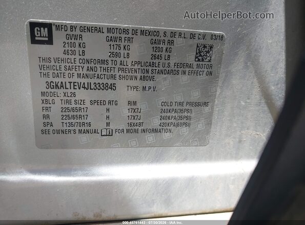 3GKALTEV4JL333845 2018 GMC TERRAIN Silver ძრავის განყოფილების ხედი