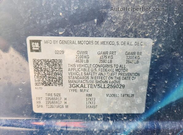 3GKALTEV5LL259029 2020 GMC TERRAIN Синий Вид наклейки с VIN-кодом