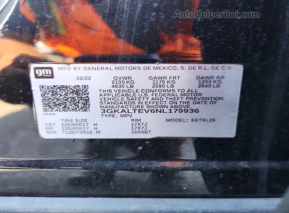 3GKALTEV6NL179936 2022 GMC TERRAIN Черный Вид наклейки с VIN-кодом