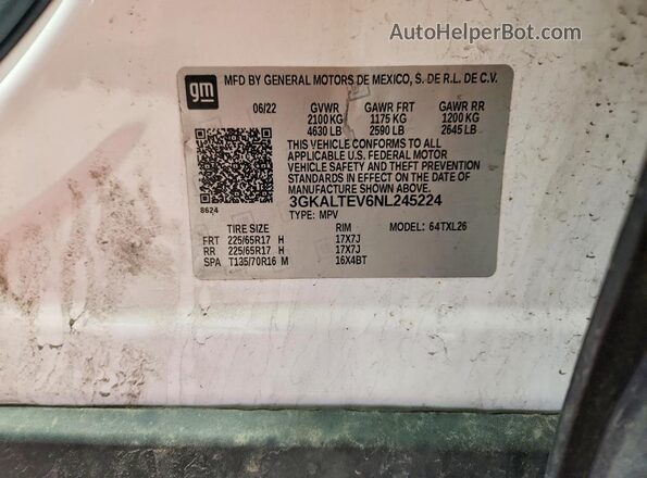 3GKALTEV6NL245224 2022 GMC TERRAIN White Widok naklejki z numerem VIN