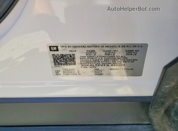 3GKALTEV7JL410367 2018 GMC TERRAIN Белый Вид наклейки с VIN-кодом