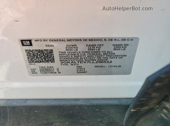 3GKALTEV7LL250512 2020 GMC TERRAIN White VIN կոդի պիտակի տեսք