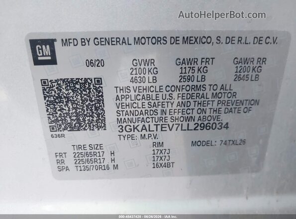 3GKALTEV7LL296034 2020 GMC TERRAIN Серый Вид подкапотного пространства