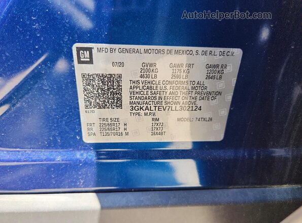 3GKALTEV7LL302124 2020 GMC TERRAIN Blue VIN კოდის სტიკერის ხედი