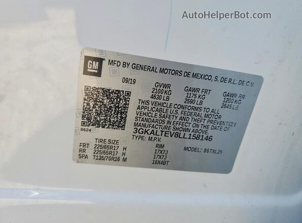 3GKALTEV8LL158146 2020 GMC TERRAIN White VIN კოდის სტიკერის ხედი