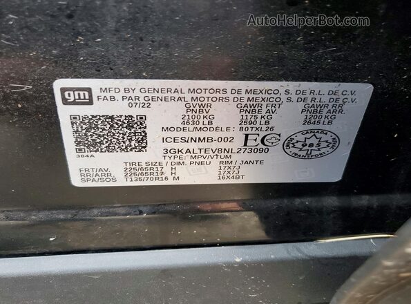 3GKALTEV8NL273090 2022 GMC TERRAIN Черный Вид наклейки с VIN-кодом