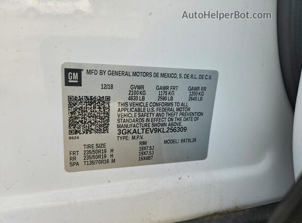 3GKALTEV9KL256309 2019 GMC TERRAIN White Widok naklejki z numerem VIN