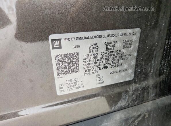 3GKALTEV9KL351985 2019 GMC TERRAIN Brown Vista de la etiqueta del VIN