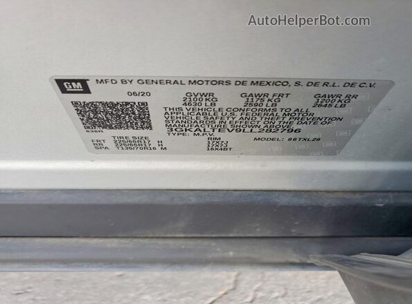 3GKALTEV9LL282796 2020 GMC TERRAIN Silver Vista de la etiqueta del VIN