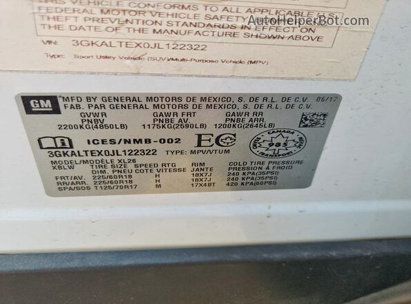 3GKALTEX0JL122322 2018 GMC TERRAIN White Vista de la etiqueta del VIN