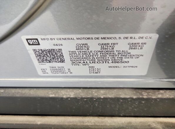 3GKALUEG3TL496500 2026 GMC TERRAIN Gray Widok wnętrza 360 stopni