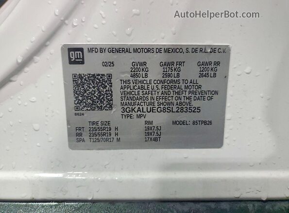 3GKALUEG8SL283525 2025 GMC TERRAIN White VIN sticker view