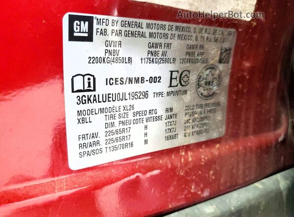 3GKALUEU0JL195296 2018 GMC TERRAIN Red Widok naklejki z numerem VIN