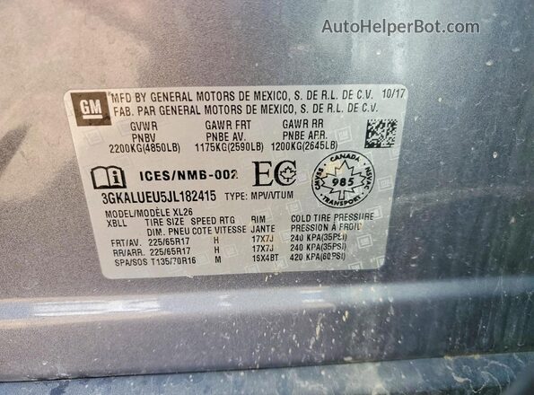 3GKALUEU5JL182415 2018 GMC TERRAIN Gray Vista del compartimento del motor