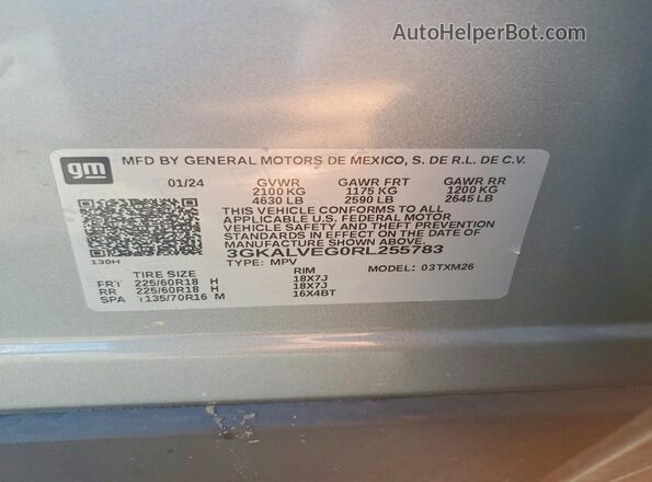 3GKALVEG0RL255783 2024 GMC TERRAIN Gray Вид наклейки з VIN-кодом