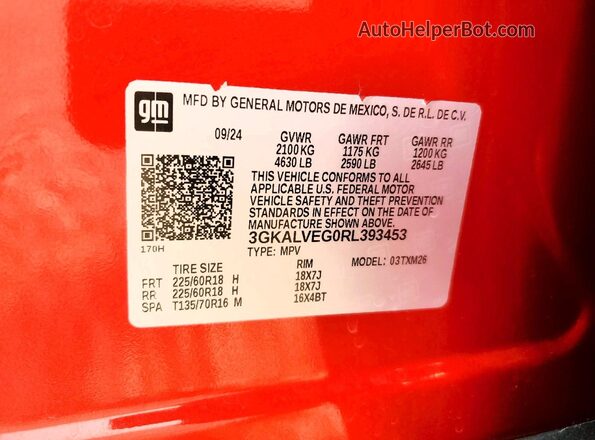 3GKALVEG0RL393453 2024 GMC TERRAIN Красный Вид наклейки с VIN-кодом