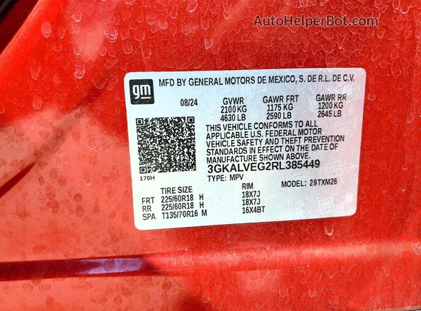 3GKALVEG2RL385449 2024 GMC TERRAIN Red VIN կոդի պիտակի տեսք