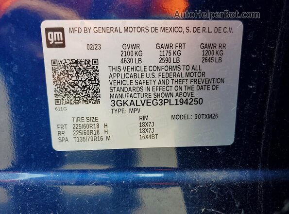 3GKALVEG3PL194250 2023 GMC TERRAIN Blue VIN კოდის სტიკერის ხედი