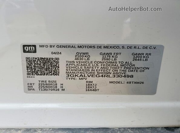3GKALVEG4RL330498 2024 GMC TERRAIN Белый Вид наклейки с VIN-кодом
