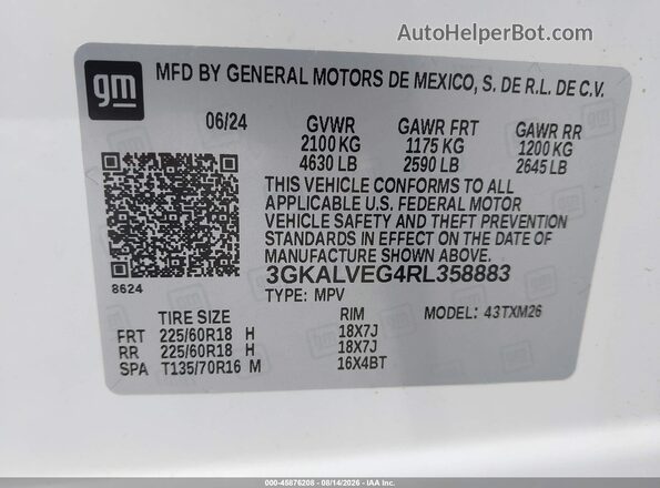 3GKALVEG4RL358883 2024 GMC TERRAIN White Շարժիչի բաժամունքի տեսք