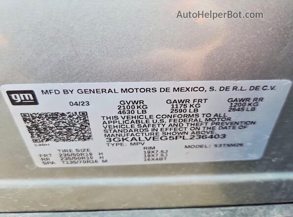 3GKALVEG5PL236403 2023 GMC TERRAIN Silver Vista de la etiqueta del VIN