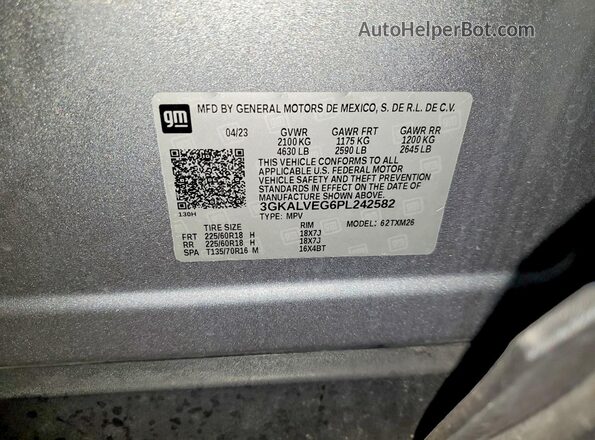 3GKALVEG6PL242582 2023 GMC TERRAIN Gray VIN კოდის სტიკერის ხედი