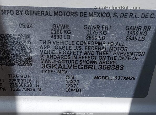 3GKALVEG6RL358383 2024 GMC TERRAIN White Vista del compartimento del motor