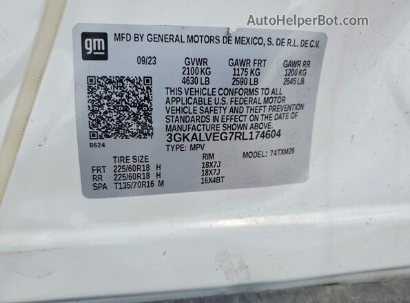 3GKALVEG7RL174604 2024 GMC TERRAIN White VIN კოდის სტიკერის ხედი