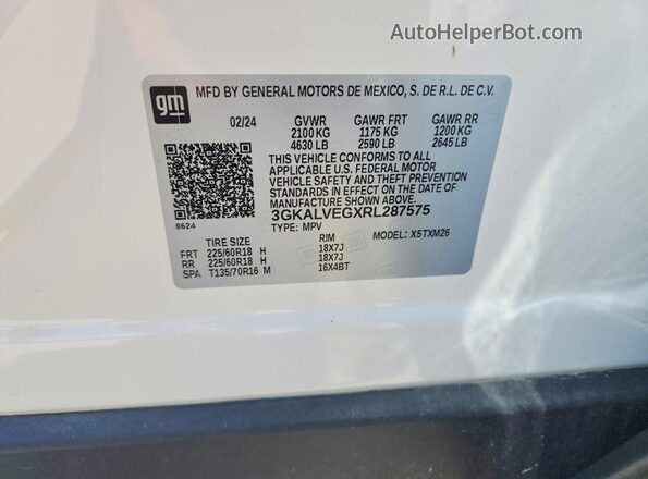 3GKALVEGXRL287575 2024 GMC TERRAIN White Вид наклейки з VIN-кодом
