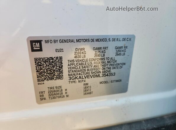 3GKALVEV0ML354353 2021 GMC TERRAIN White Вид наклейки з VIN-кодом