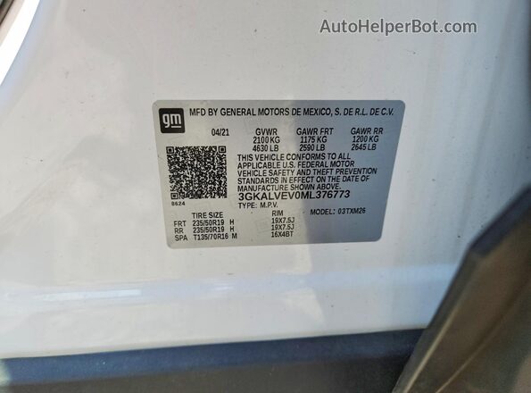 3GKALVEV0ML376773 2021 GMC TERRAIN White Vista de la etiqueta del VIN
