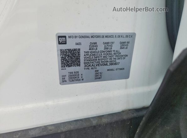 3GKALVEV0ML380807 2021 GMC TERRAIN White VIN կոդի պիտակի տեսք