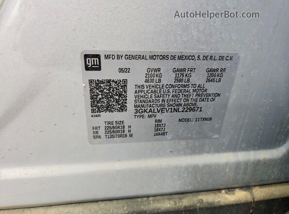 3GKALVEV1NL229671 2022 GMC TERRAIN Silver VIN კოდის სტიკერის ხედი