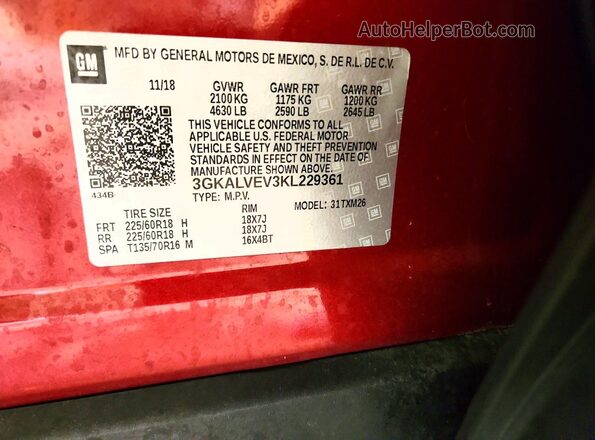 3GKALVEV3KL229361 2019 GMC TERRAIN Burgundy Vista de la etiqueta del VIN