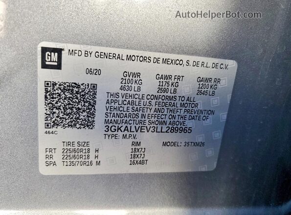 3GKALVEV3LL289965 2020 GMC TERRAIN Серый Вид наклейки с VIN-кодом