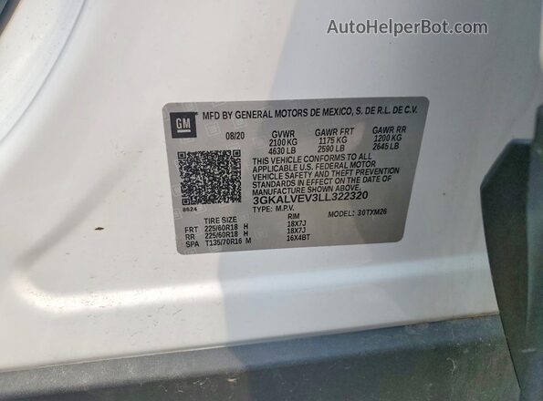 3GKALVEV3LL322320 2020 GMC TERRAIN White VIN կոդի պիտակի տեսք