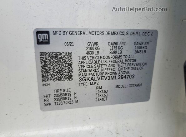 3GKALVEV3ML394703 2021 GMC TERRAIN White Widok naklejki z numerem VIN