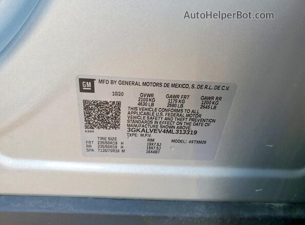 3GKALVEV4ML313319 2021 GMC TERRAIN Silver Widok naklejki z numerem VIN