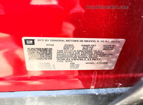 3GKALVEV5LL117677 2020 GMC TERRAIN Red Vista de la etiqueta del VIN
