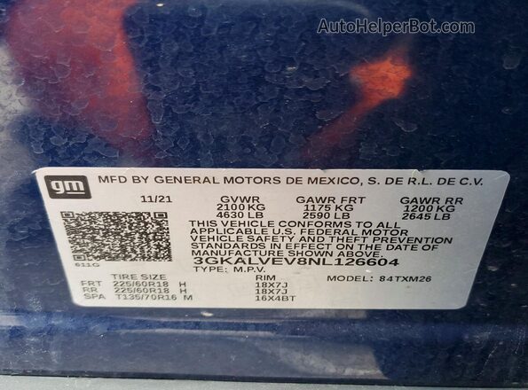 3GKALVEV8NL126604 2022 GMC TERRAIN Blue Widok naklejki z numerem VIN