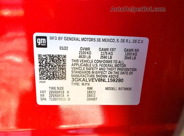 3GKALVEV8NL159280 2022 GMC TERRAIN Red VIN կոդի պիտակի տեսք