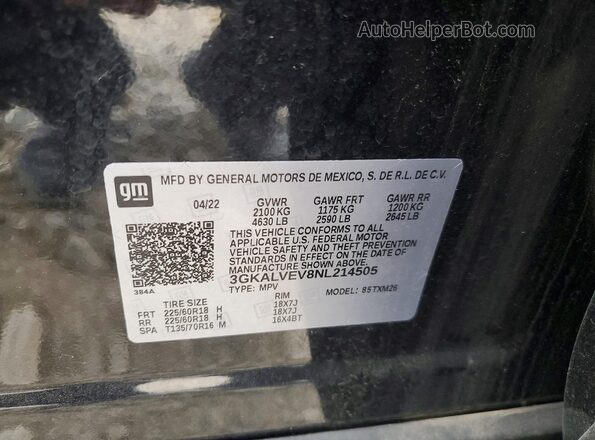 3GKALVEV8NL214505 2022 GMC TERRAIN Black Vista de la etiqueta del VIN