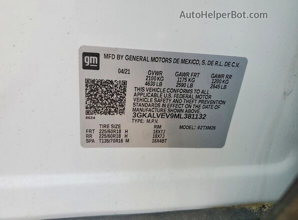 3GKALVEV9ML381132 2021 GMC TERRAIN White Vista del compartimento del motor